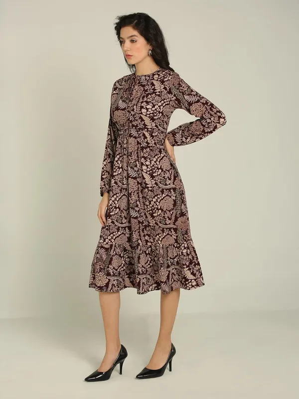 Brown_Floral_Rayon_One_Piece_Midi_Dress_For_Women