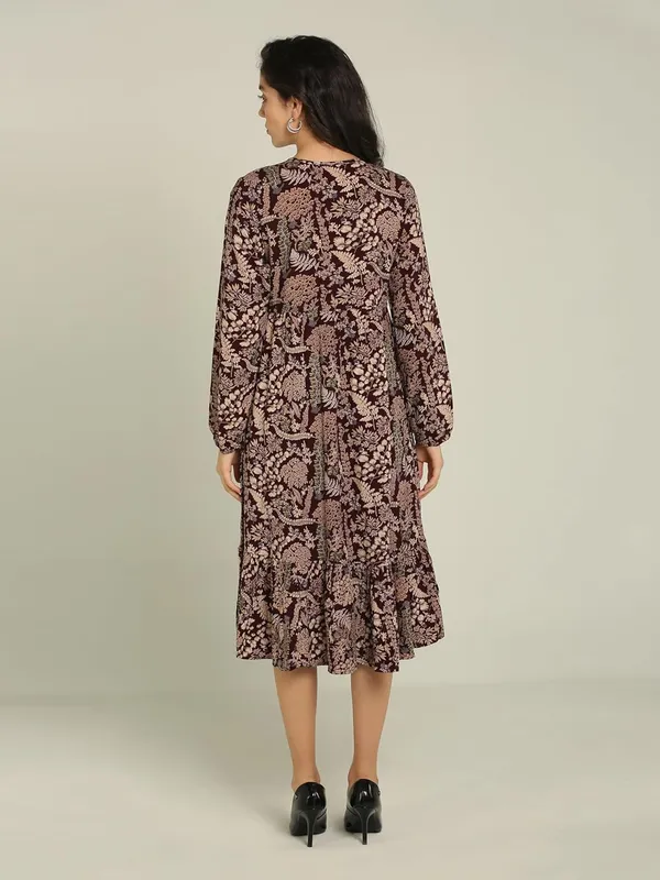 Brown_Floral_Rayon_One_Piece_Midi_Dress_For_Women