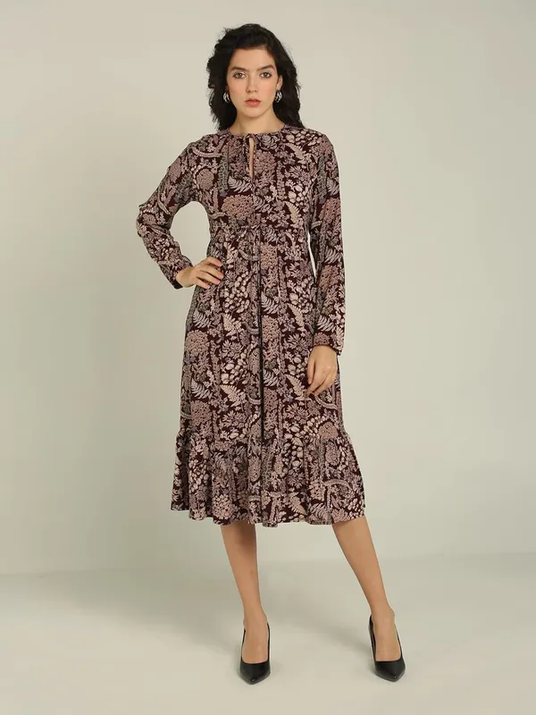 Brown_Floral_Rayon_One_Piece_Midi_Dress_For_Women