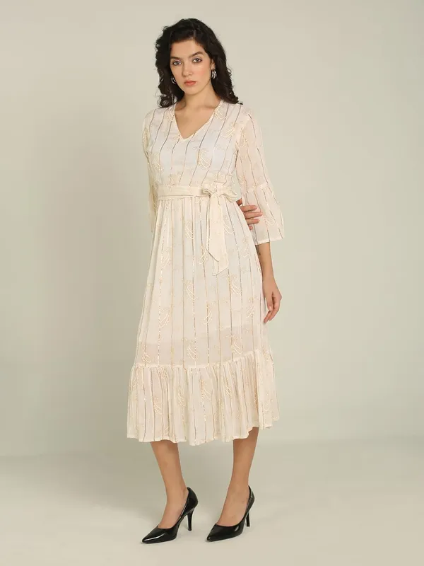 White_Bell_Sleeves_Lurex_One_Piece_Midi_Dress_For_Women