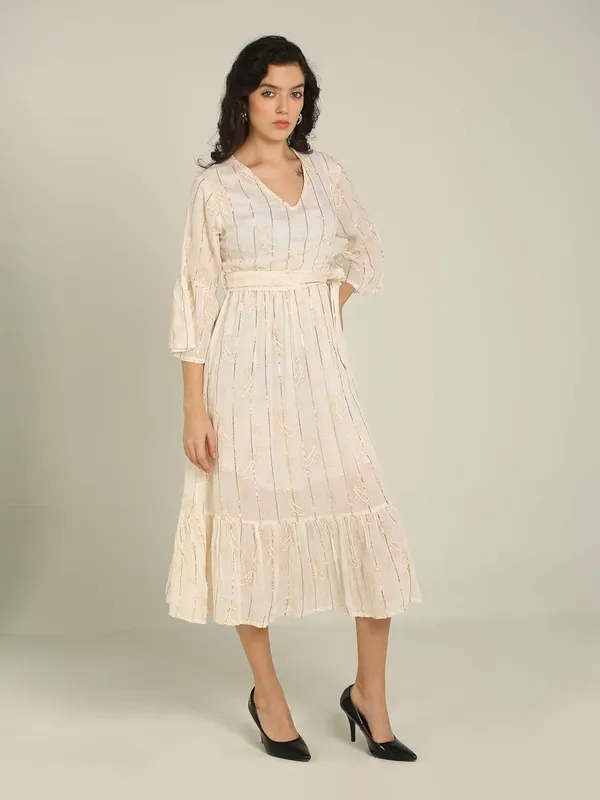 White_Bell_Sleeves_Lurex_One_Piece_Midi_Dress_For_Women