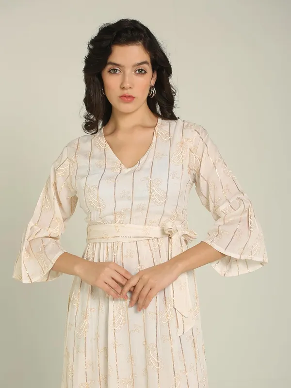 White_Bell_Sleeves_Lurex_One_Piece_Midi_Dress_For_Women