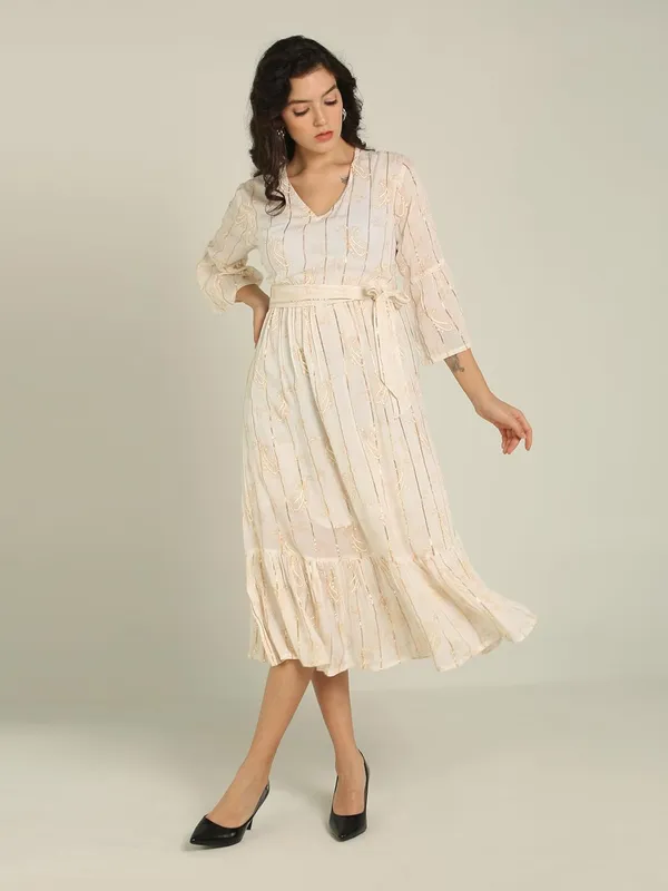 White_Bell_Sleeves_Lurex_One_Piece_Midi_Dress_For_Women
