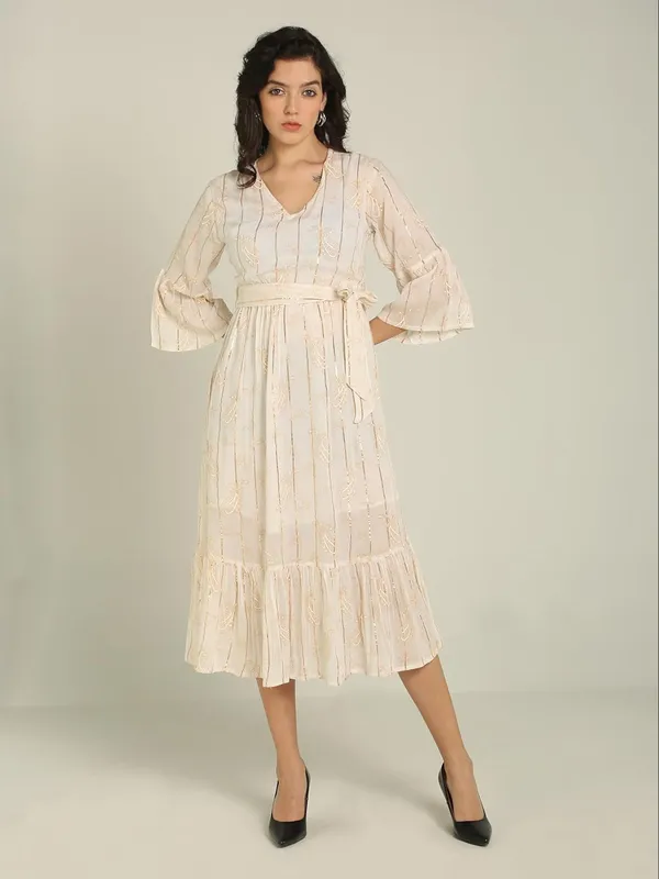 White_Bell_Sleeves_Lurex_One_Piece_Midi_Dress_For_Women