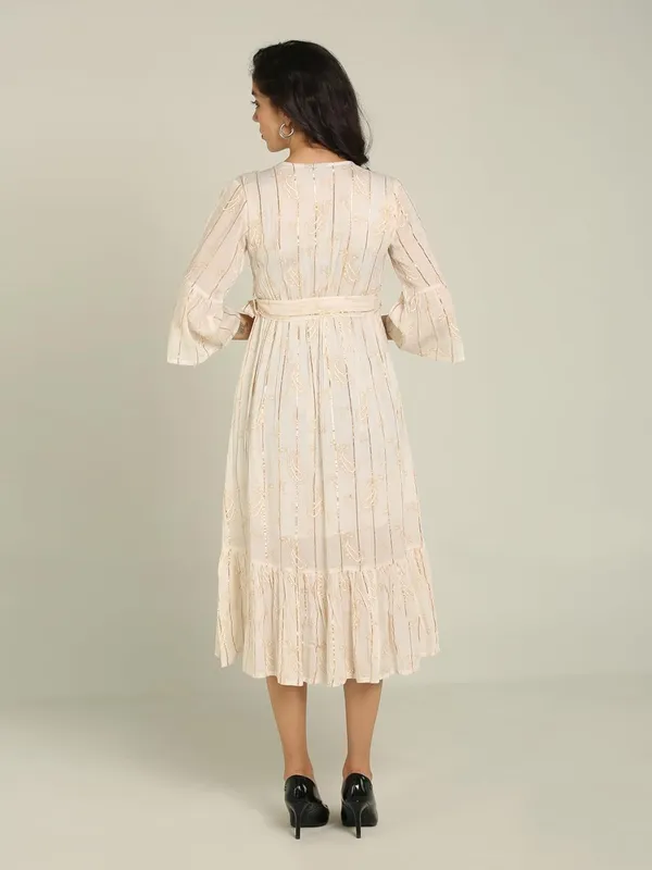 White_Bell_Sleeves_Lurex_One_Piece_Midi_Dress_For_Women