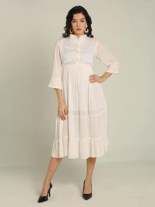 White_High_Stand_Lurex_One_Piece_Midi_Dress_For_Women