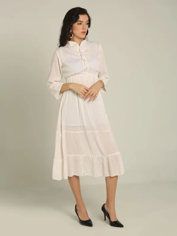 White_High_Stand_Lurex_One_Piece_Midi_Dress_For_Women