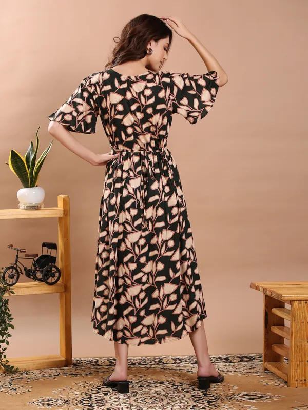 Dark_Green_Floral_Print_Midi_Dress_For_Women