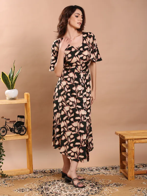 Dark_Green_Floral_Print_Midi_Dress_For_Women