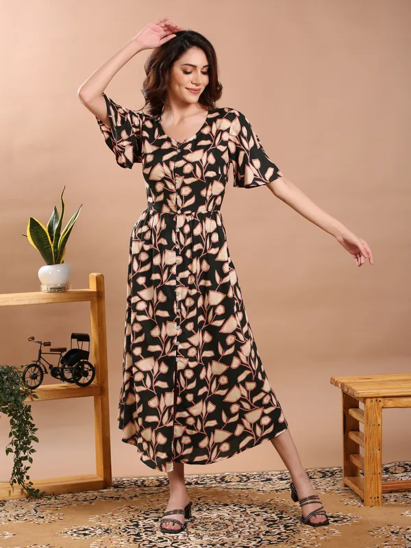 Dark_Green_Floral_Print_Midi_Dress_For_Women