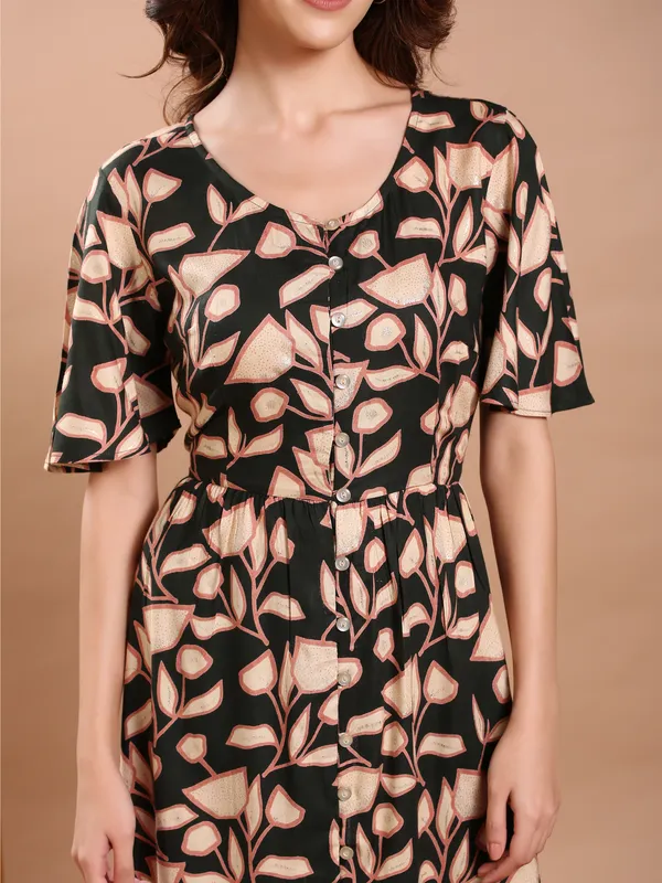 Dark_Green_Floral_Print_Midi_Dress_For_Women
