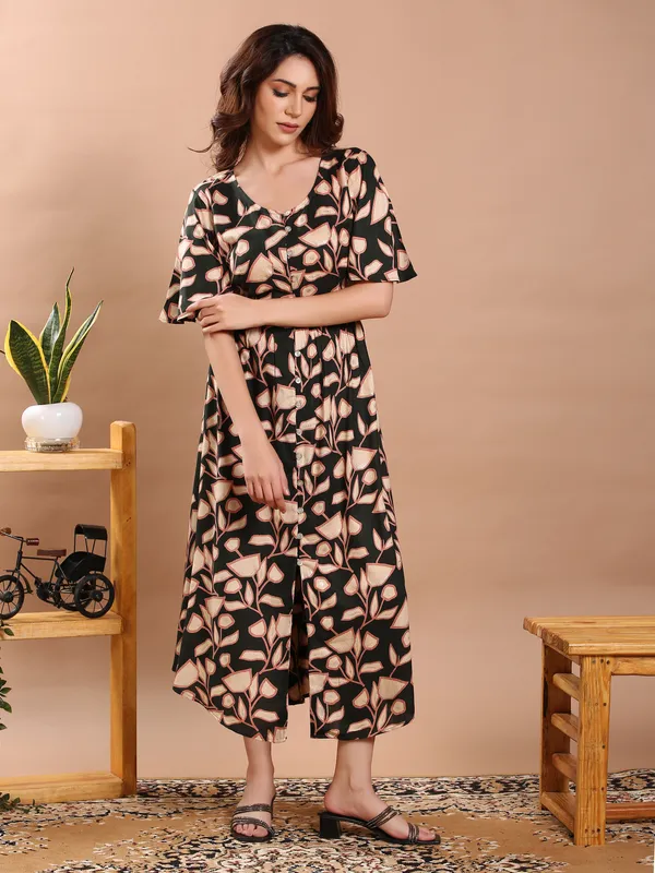 Dark_Green_Floral_Print_Midi_Dress_For_Women