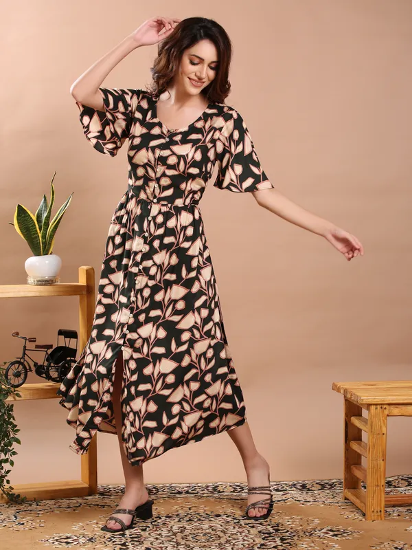 Dark_Green_Floral_Print_Midi_Dress_For_Women