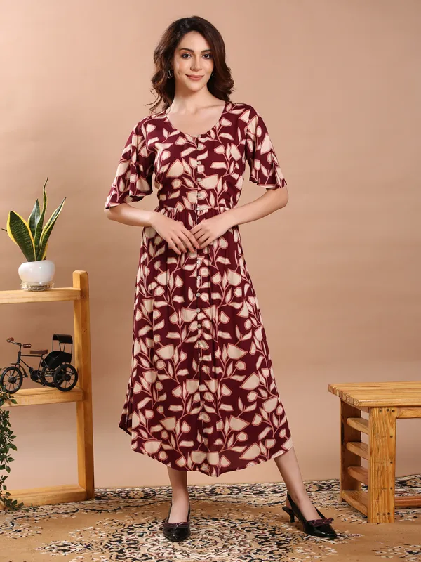 Maroon_Floral_Print_Midi_Dress_For_Women