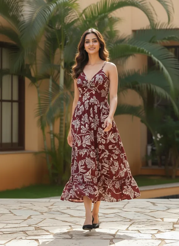 Marron_Rayon_Bold_V-Neck_Midi_Dress_For_Women