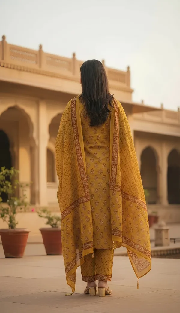 Mustard_Yellow_Cambric_Cotton_Kurti-Set_With_Duppata