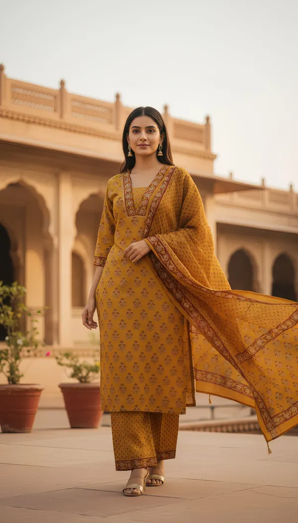 Mustard_Yellow_Cambric_Cotton_Kurti-Set_With_Duppata