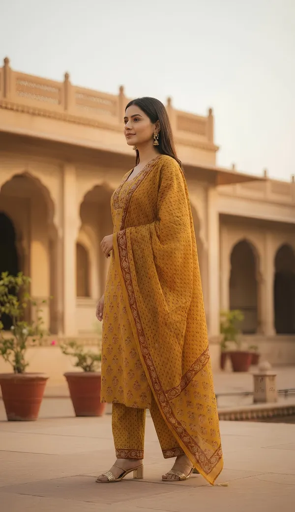 Mustard_Yellow_Cambric_Cotton_Kurti-Set_With_Duppata