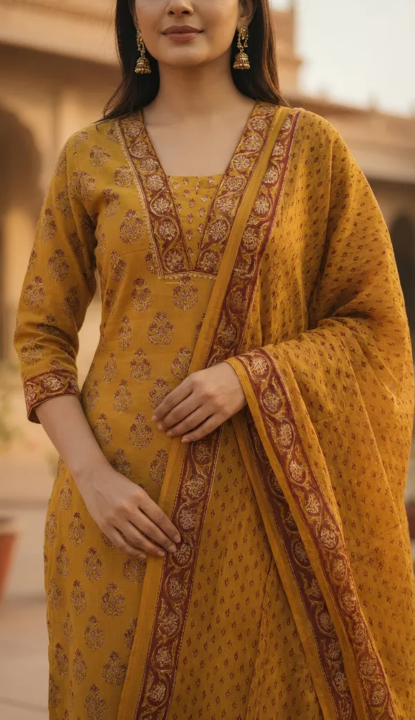 Mustard_Yellow_Cambric_Cotton_Kurti-Set_With_Duppata