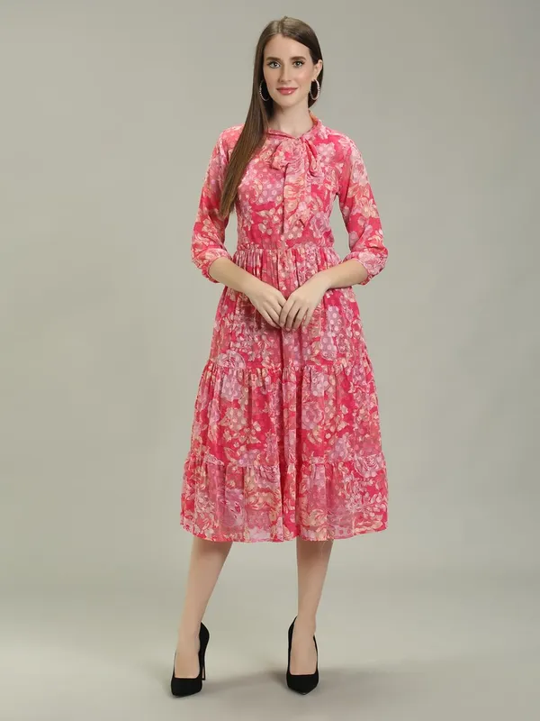 Pink_Comfortable_&_Flexible_Fit_Georgette_Short_Midi_Dress_For_Women