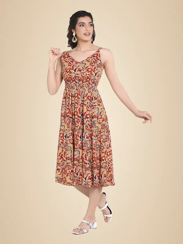 Red_V-Neck_Rayon_One_Piece_Midi_Dress_For_Women