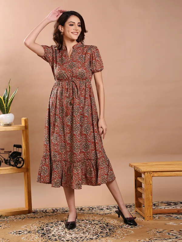 Rust_Cambric_Cotton_Midi_Dress_For_Women