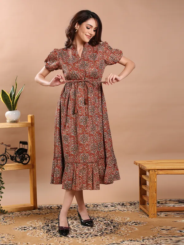 Rust_Cambric_Cotton_Midi_Dress_For_Women