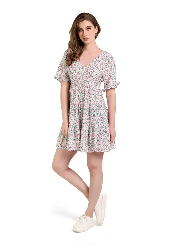 Tiny_Floral_Print_With_Pink_Viscose_One_Piece_Midi_Dress_For_Women