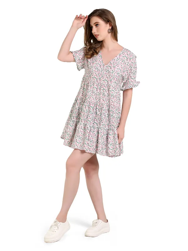 Tiny_Floral_Print_With_Pink_Viscose_One_Piece_Midi_Dress_For_Women