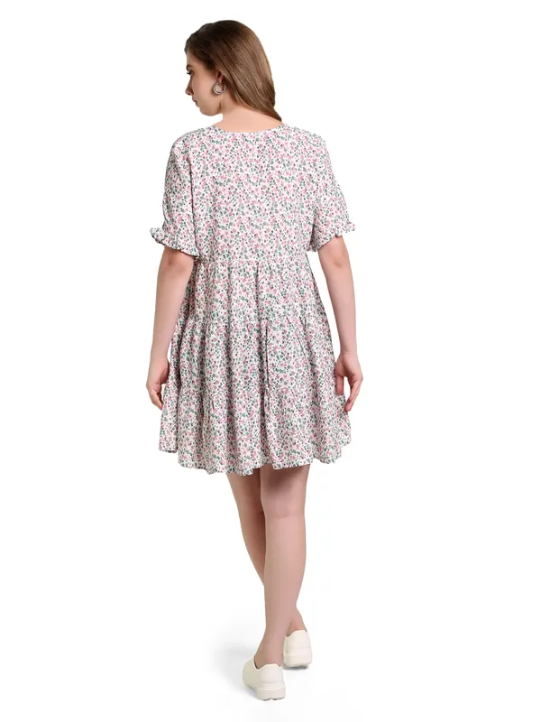Tiny_Floral_Print_With_Pink_Viscose_One_Piece_Midi_Dress_For_Women