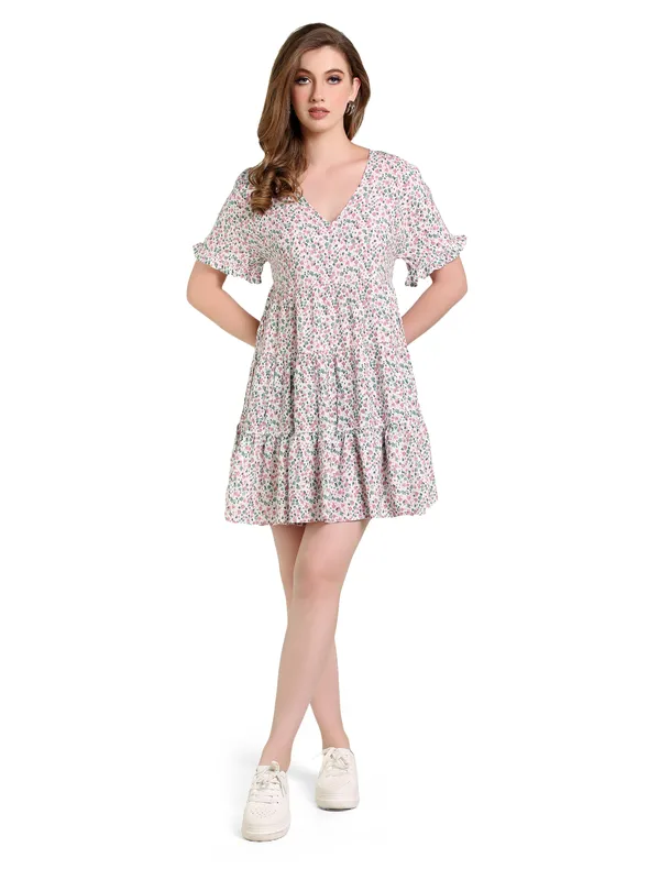 Tiny_Floral_Print_With_Pink_Viscose_One_Piece_Midi_Dress_For_Women