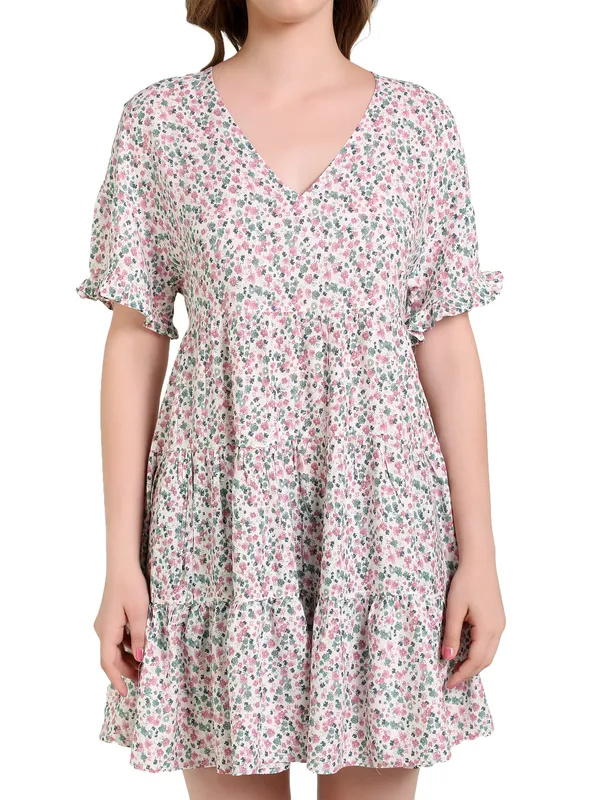 Tiny_Floral_Print_With_Pink_Viscose_One_Piece_Midi_Dress_For_Women