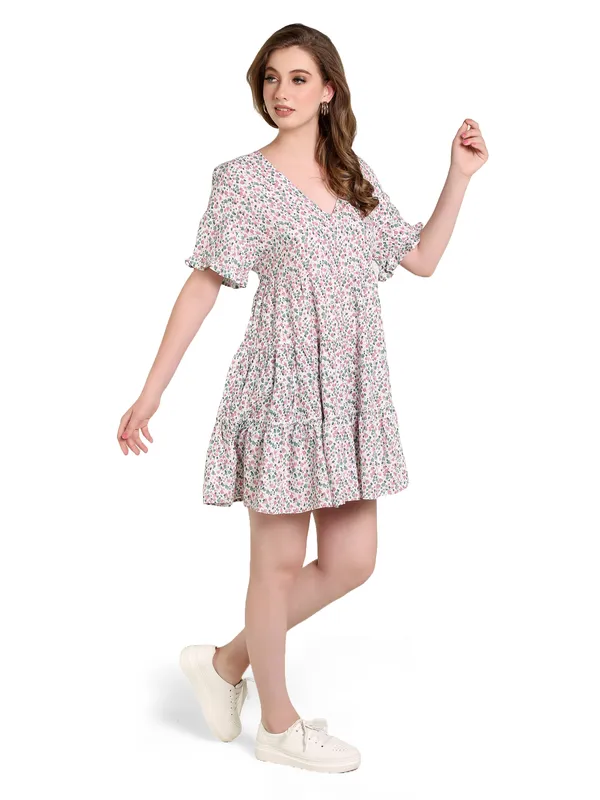Tiny_Floral_Print_With_Pink_Viscose_One_Piece_Midi_Dress_For_Women