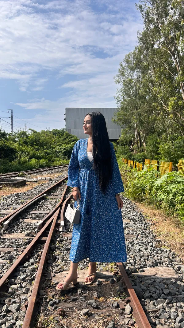 Teal_Blue_Calf_Length_Midi_Dress_For_Women