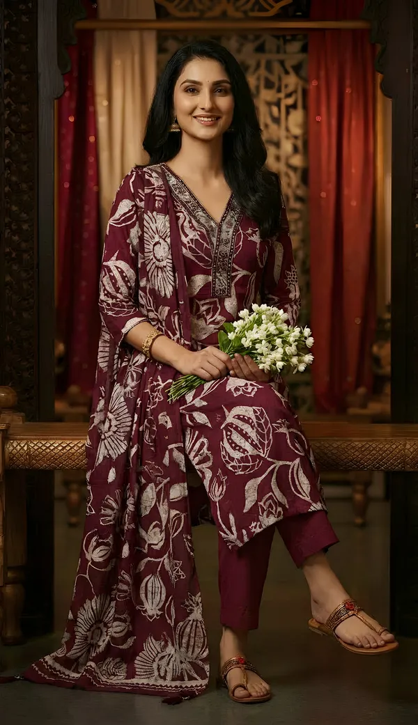 Wine_Cotton_Kurti-Set_With_Mul_Duppata