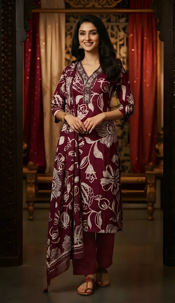 Wine_Cotton_Kurti-Set_With_Mul_Duppata