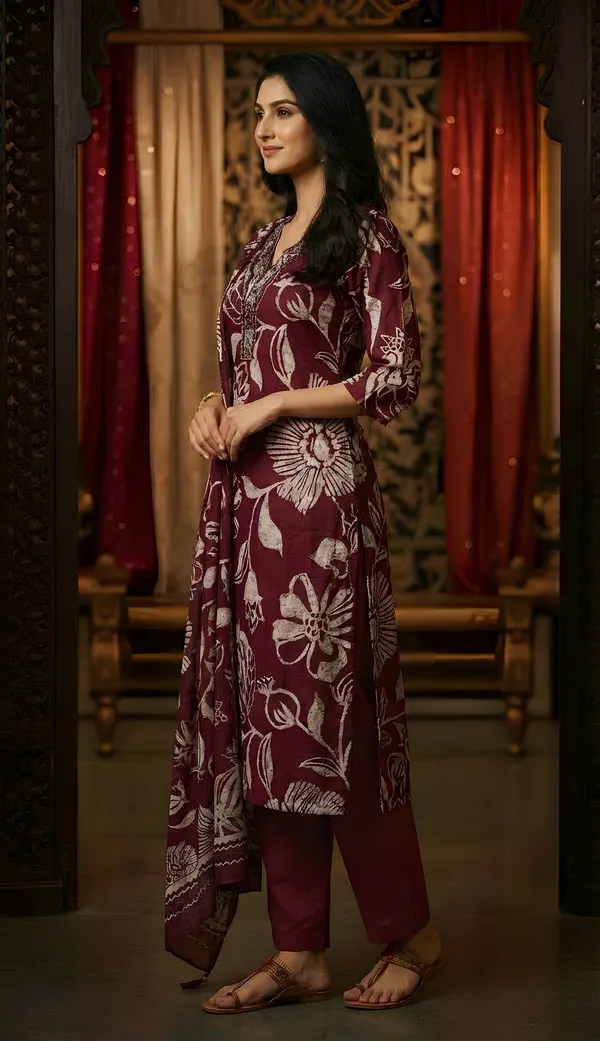 Wine_Cotton_Kurti-Set_With_Mul_Duppata