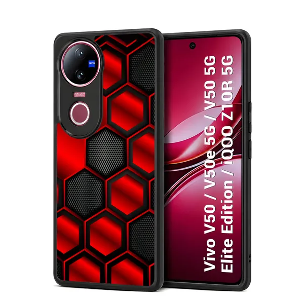 Striking_Red_And_Black_Hexagon_Pattern_Design_Printed_Premium_Glossy_Back_Case_Cover_With_Camera_Protection_For_Vivo_V50_/_V50e_/_V50_5g_Elite_Edition_/_iQOO_Z10r_5g_Mk000421_Bx