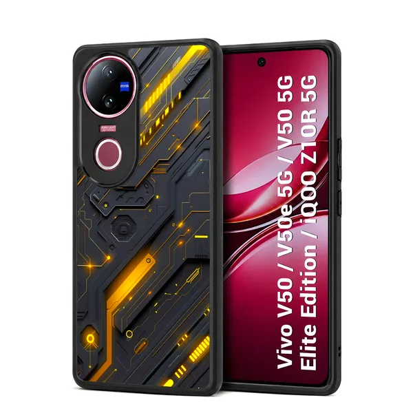 Futuristic_Circuit_Board_Pattern_With_Black_And_Yellow_Accents_Design_Printed_Premium_Glossy_Back_Case_Cover_With_Camera_Protection_For_Vivo_V50_/_V50e_/_V50_5g_Elite_Edition_/_iQOO_Z10r_5g_Mk000424_Bx