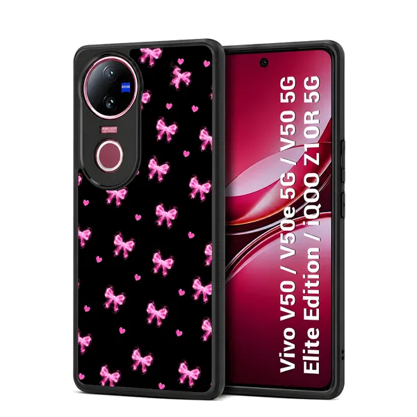 Pink_Bow_Pattern_On_Black_Background_Design_Printed_Premium_Glossy_Back_Case_Cover_With_Camera_Protection_For_Vivo_V50_/_V50e_/_V50_5g_Elite_Edition_/_iQOO_Z10r_5g_MK000577_Bx