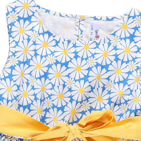 White_Floral_Printed_Sleeveless_With_Belt_Dress_For_Girls