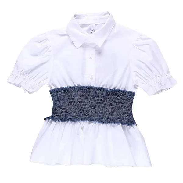 White_With_Denim_Belt_Attached_Half_Sleeve_Collared_Top_For_Girls