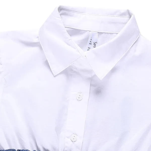 White_With_Denim_Belt_Attached_Half_Sleeve_Collared_Top_For_Girls