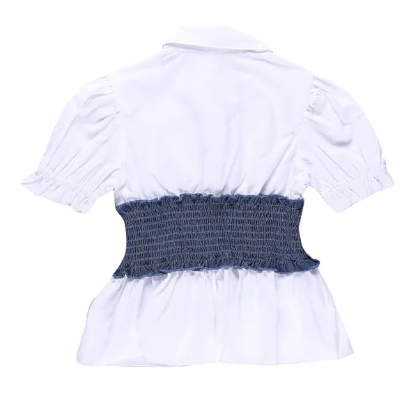 White_With_Denim_Belt_Attached_Half_Sleeve_Collared_Top_For_Girls
