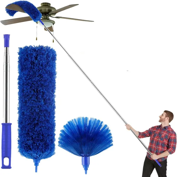 2_In_1_Long_Handle_Microfiber_Ceiling_Duster_With_Cobweb_Duster_For_Dust_Cleaning_Extendable_Pole_30100_Inch_With_Anti_Scratch_Bendable_Head_For_Cleaning_High_Stick_High_Ceiling_Fan