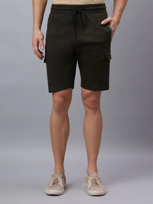 Olive_Knitted_cotton_Regular_fit_Shorts_For_Men