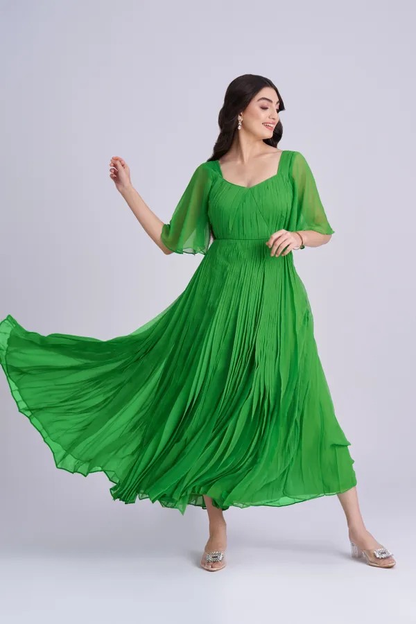Green_Pleated__maxi_Dress_|_Indo_western_dress_for_Women