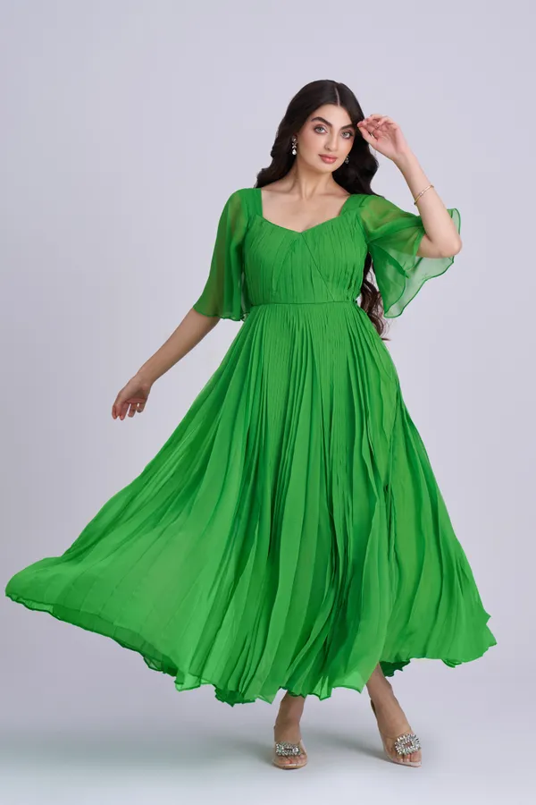 Green_Pleated__maxi_Dress_|_Indo_western_dress_for_Women