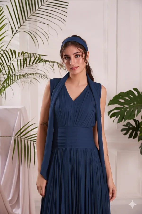 Blue_Georgette_Midi_Dress_with_Stole_|_Hand-Pleated_V-Neck_Flare_Dress