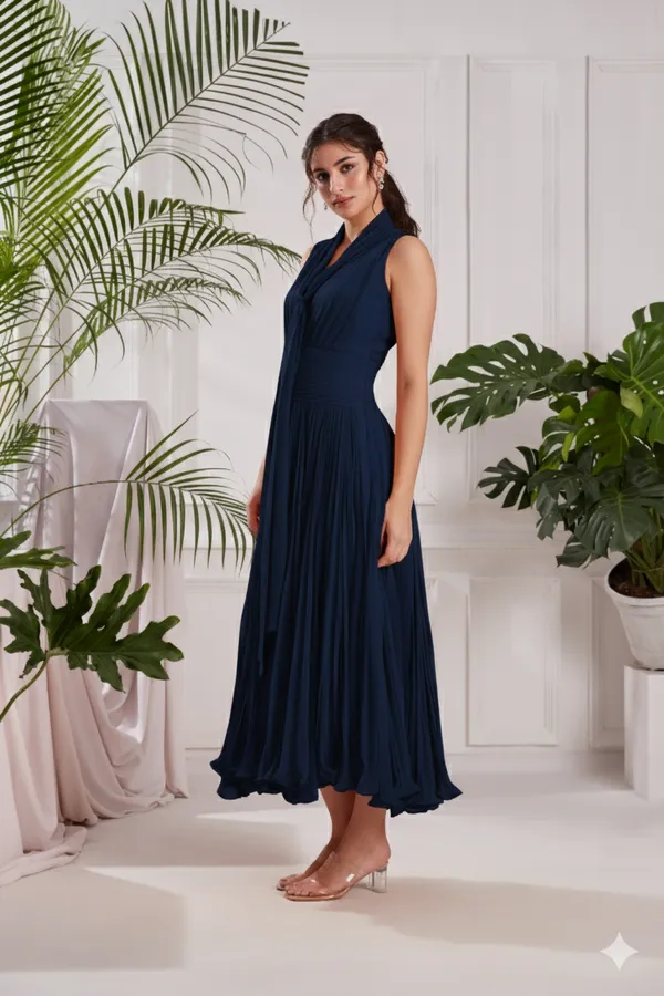 Blue_Georgette_Midi_Dress_with_Stole_|_Hand-Pleated_V-Neck_Flare_Dress